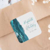 Agate Geode Script Teal Blue Silver Gray Wedding Vierkante Sticker