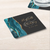 Agate Geode Script Teal Goud Donkere Bruiloft Kartonnen Onderzetters (Schuin)