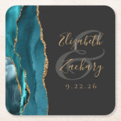 Agate Geode Script Teal Goud Donkere Bruiloft Kartonnen Onderzetters (Voorkant)