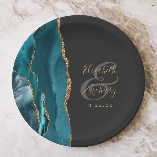 Agate Geode Script Teal Goud Donkere Bruiloft Papieren Bordje