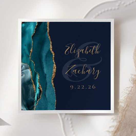 Agate Geode Script Teal Goud Navy Blauwe Trouw Servet