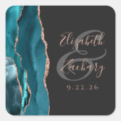Agate Geode Script Teal Roze Goud Donkere Bruiloft Vierkante Sticker (Voorkant)