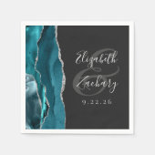 Agate Geode Script Teal Zilver Donkere Trouwdag Servet (Voorkant)