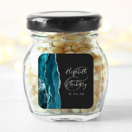 Agate Geode Script Teal Zilver Donkere Trouwdag Vierkante Sticker