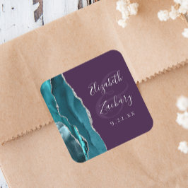 Agate Geode Script Teal Zilver Paarse Trouw Vierkante Sticker