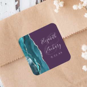Agate Geode Script Teal Zilver Paarse Trouw Vierkante Sticker