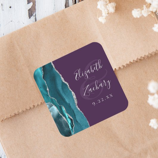 Agate Geode Script Teal Zilver Paarse Trouw Vierkante Sticker