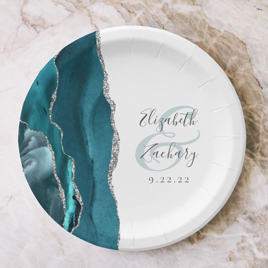 Agate Geode Script Teal Zilveren Bruiloft Papieren Bordje