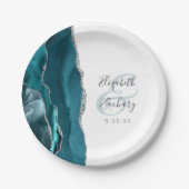 Agate Geode Script Teal Zilveren Bruiloft Papieren Bordje (Voorkant)