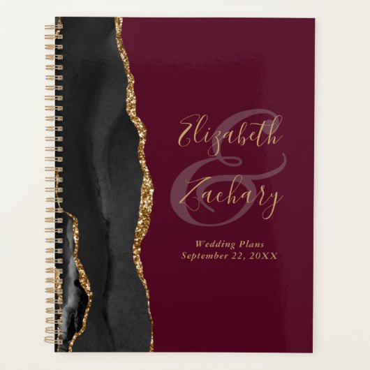 Agate Geode Script Zwart Goud Bourgondische bruilo Planner (Voorkant)