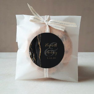 Agate Geode Script Zwart Goud Donkere Bruiloft Ronde Sticker