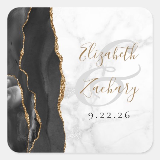 Agate Geode Script Zwart Goud Marmeren bruiloft Vierkante Sticker (Voorkant)