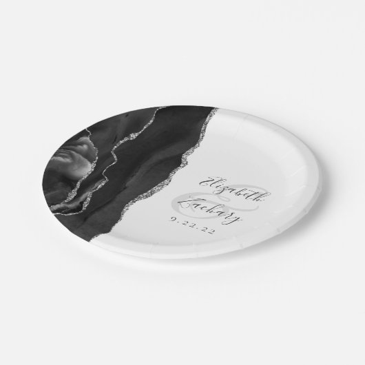 Agate Geode Script Zwart Zilveren Bruiloft Papieren Bordje (Gekanteld)