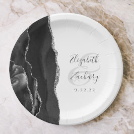 Agate Geode Script Zwart Zilveren Bruiloft Papieren Bordje