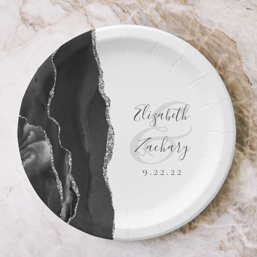 Agate Geode Script Zwart Zilveren Bruiloft Papieren Bordje