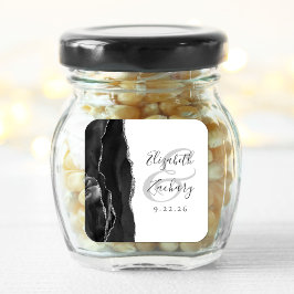 Agate Geode Script Zwart Zilveren Bruiloft Vierkante Sticker