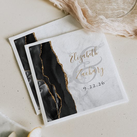 Agate Geode Script Zwarte Goud Marmer Huwelijk Servet