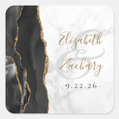 Agate Geode Script Zwarte Goud Marmer Huwelijk Vierkante Sticker (Voorkant)