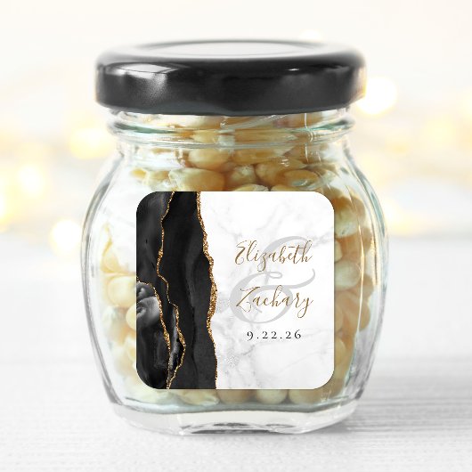 Agate Geode Script Zwarte Goud Marmer Huwelijk Vierkante Sticker