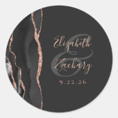 Agate Geode Script Zwarte Roos Goud Donkere Huweli Ronde Sticker (Voorkant)