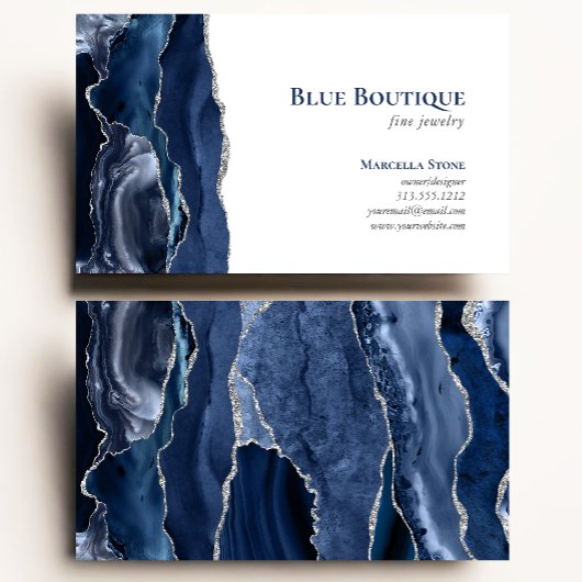 Agate Geode Sieraden Ontwerper Navyblauw Zilver Visitekaartje