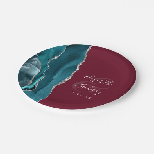 Agate Geode Silver Script Burgundy Wedding Papieren Bordje (Gekanteld)