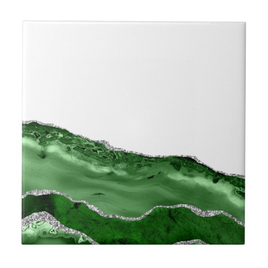 Agate Glamour Emerald Groen Zilver Glitter Tegeltje (Voorkant)