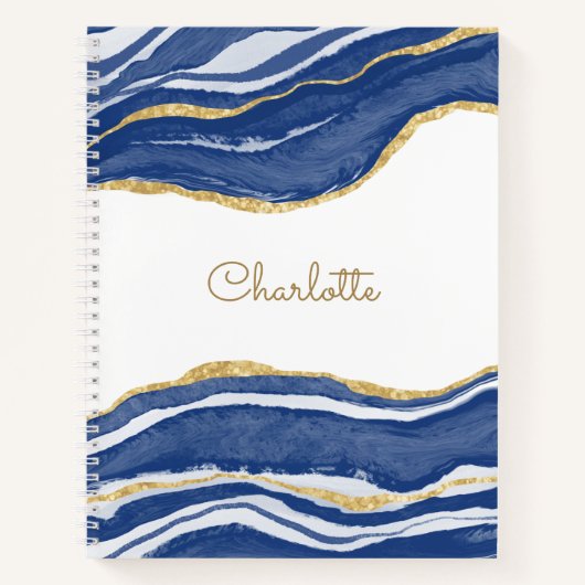 Agate Gold Glitter Waterverf Gepersonaliseerd Blau Notitieboek (Voorkant)