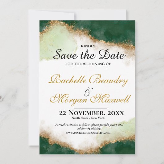 Agate Gold & Green Wedding Save the Date Kaart (Voorkant)