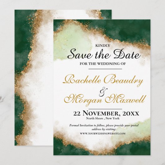 Agate Gold & Green Wedding Save the Date Kaart (Voorkant / Achterkant)