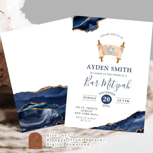 Agate Gold Navy Blue Bar Mitswa Kaart