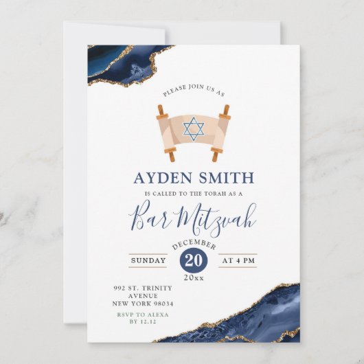 Agate Gold Navy Blue Bar Mitswa Kaart (Voorkant)