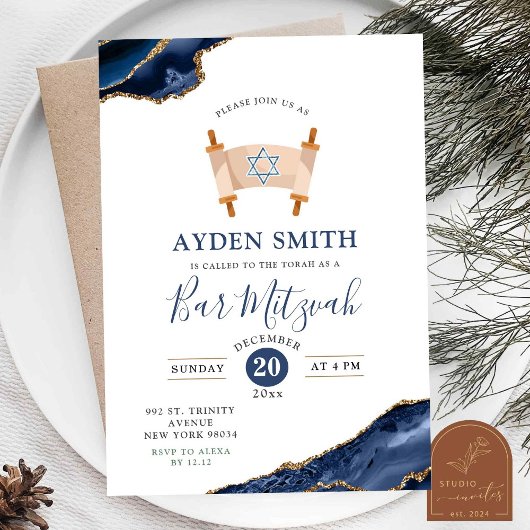 Agate Goud Navy Blauwe Bar Mitzvah Kaart