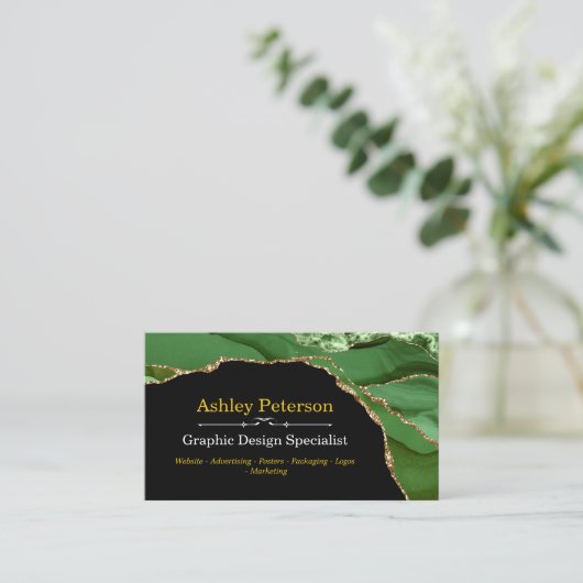 Agate Green en Gold Faux Glitter Visitekaartje (Staand voorkant)