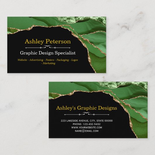 Agate Green en Gold Faux Glitter Visitekaartje (Voorkant / Achterkant)