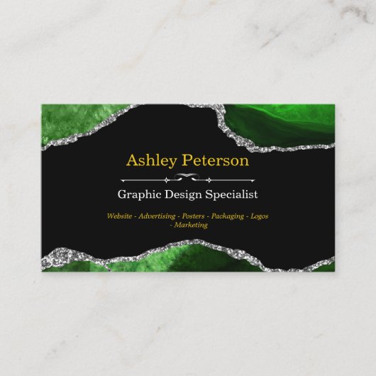 Agate Green en Silver Faux Glitter Visitekaartje (Voorkant)