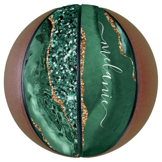 Agate Green Gold Glitter Geode Marble Custom Name Basketbal (Verticaal)