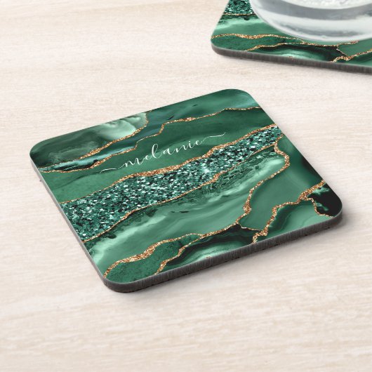Agate Green Gold Glitter Geode Marble Custom Name Bier Onderzetter (Linkerzijde)