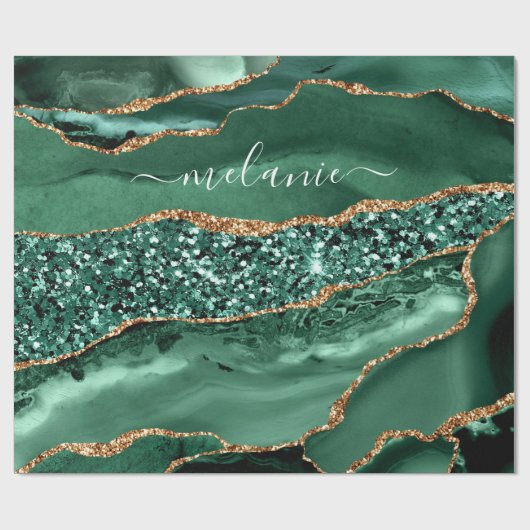 Agate Green Gold Glitter Geode Marble Custom Name Cadeaupapier (Vlak)