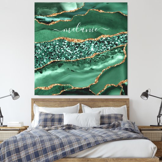 Agate Green Gold Glitter Geode Marble Custom Name Canvas Afdruk (Insitu (Slaapkamer))