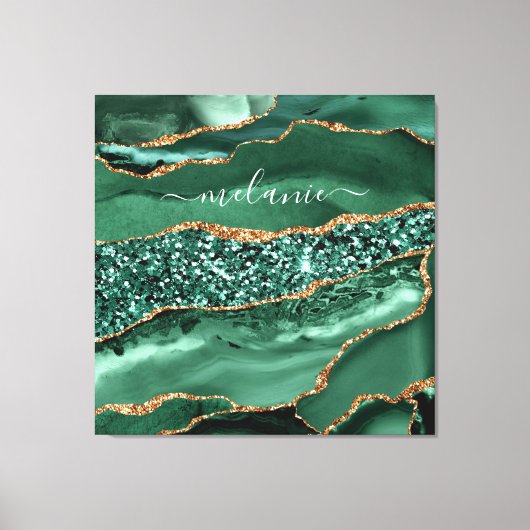 Agate Green Gold Glitter Geode Marble Custom Name Canvas Afdruk (Voorkant)