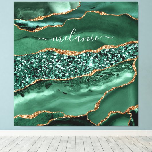 Agate Green Gold Glitter Geode Marble Custom Name Canvas Afdruk (Insitu (Houten vloer))