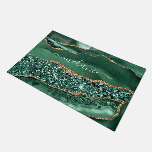 Agate Green Gold Glitter Geode Marble Custom Name Deurmat (Schuin)