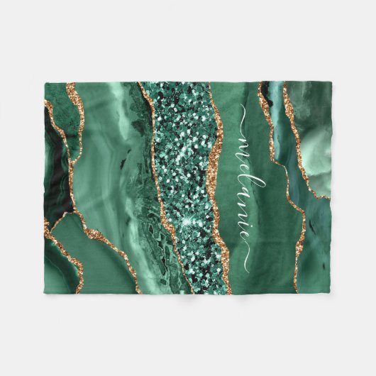 Agate Green Gold Glitter Geode Marble Custom Name Fleece Deken (Voorkant (Horizontaal))