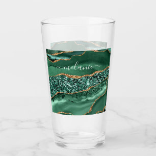 Agate Green Gold Glitter Geode Marble Custom Name Glas