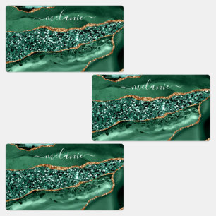 Agate Green Gold Glitter Geode Marble Custom Name Labels