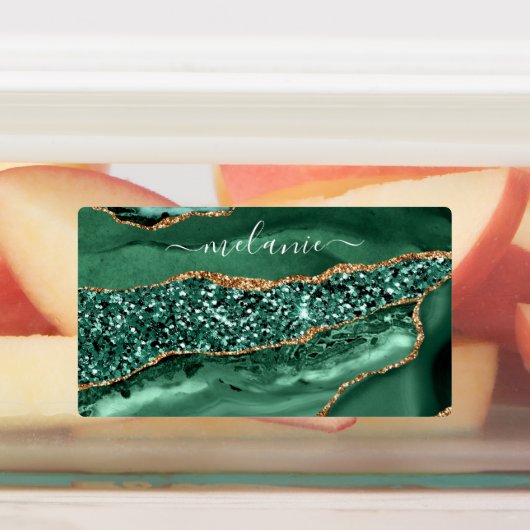 Agate Green Gold Glitter Geode Marble Custom Name Labels (Aangebracht)