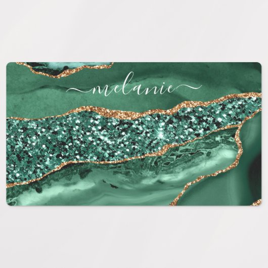 Agate Green Gold Glitter Geode Marble Custom Name Labels (Design 1)