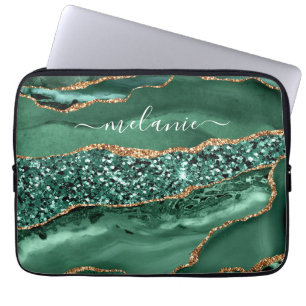 Agate Green Gold Glitter Geode Marble Custom Name Laptop Sleeve