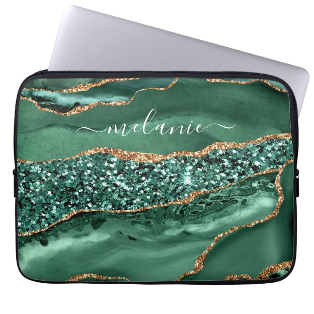 Agate Green Gold Glitter Geode Marble Custom Name Laptop Sleeve (Voorkant)